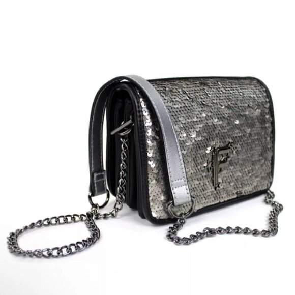 FIORELLI Silver & Black Sequin Nighttails Small Flap Crossbody Chain Strap NWT - Picture 2 of 10